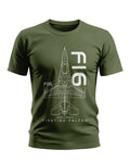 Olive green men's t-shirt with white F16 Fighting Falcon jet blueprint graphic.