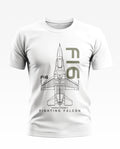 White men's t-shirt featuring F16 Fighting Falcon jet graphic and military-themed text design