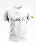 White men's t-shirt with Indian Army map print and Indian flag on sleeve