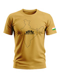 Yellow men's T-shirt with India map outline, Indian Army graphic, and Indian flag sleeve patch