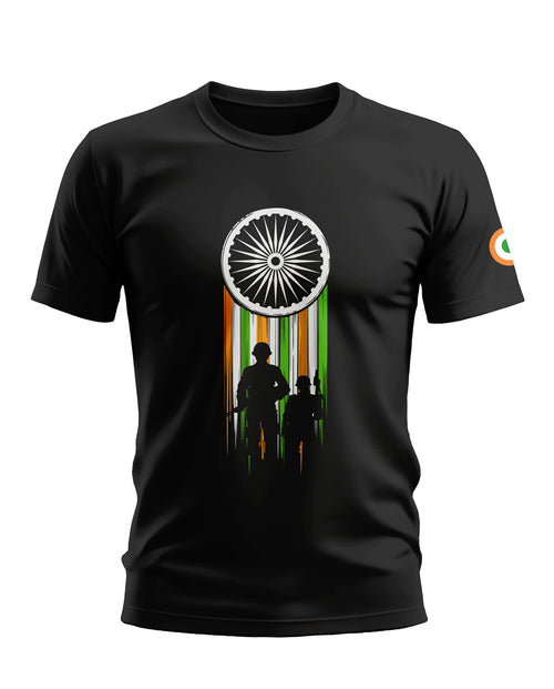 Black men's t-shirt with Ashoka Chakra, tricolor stripes, and soldier silhouettes graphic