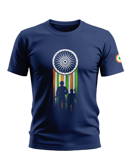Navy blue t-shirt with Indian army soldier silhouettes and Ashoka Chakra tricolor design