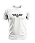 White men's t-shirt with Garud Commando Special Forces winged owl graphic print, short sleeves