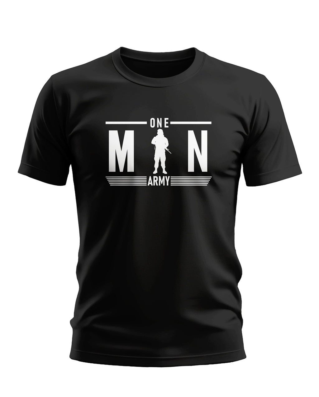 Black men's t-shirt with 'One Man Army' soldier graphic in bold white text