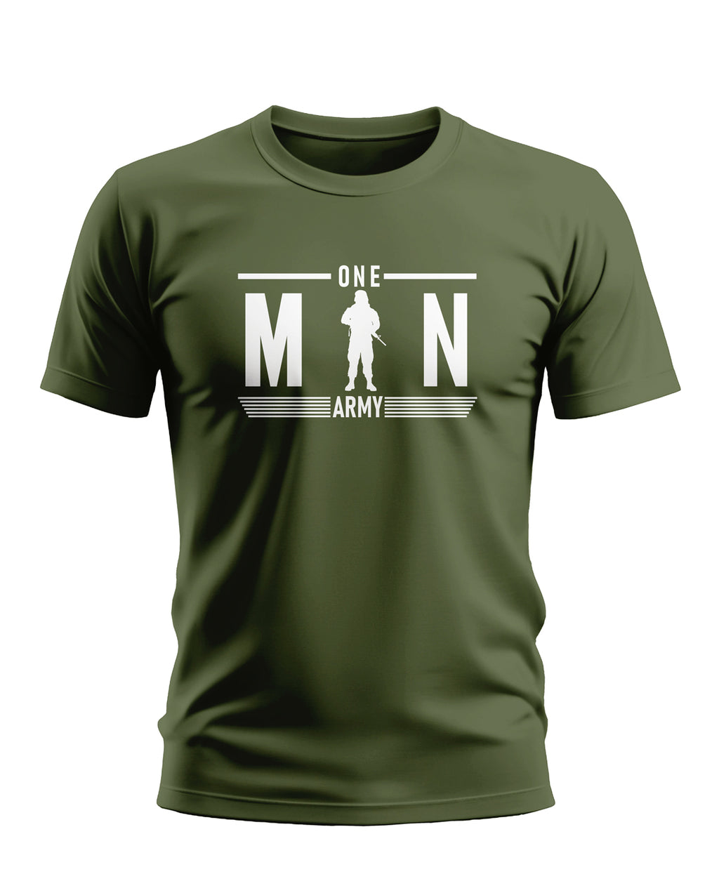 Olive green men's t-shirt with 'One Man Army' and soldier graphic, front view.