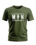Olive green men's t-shirt with 'One Man Army' and soldier graphic, front view.