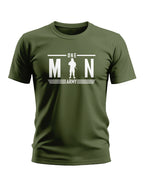 Olive green men's t-shirt with 'One Man Army' and soldier graphic, front view.