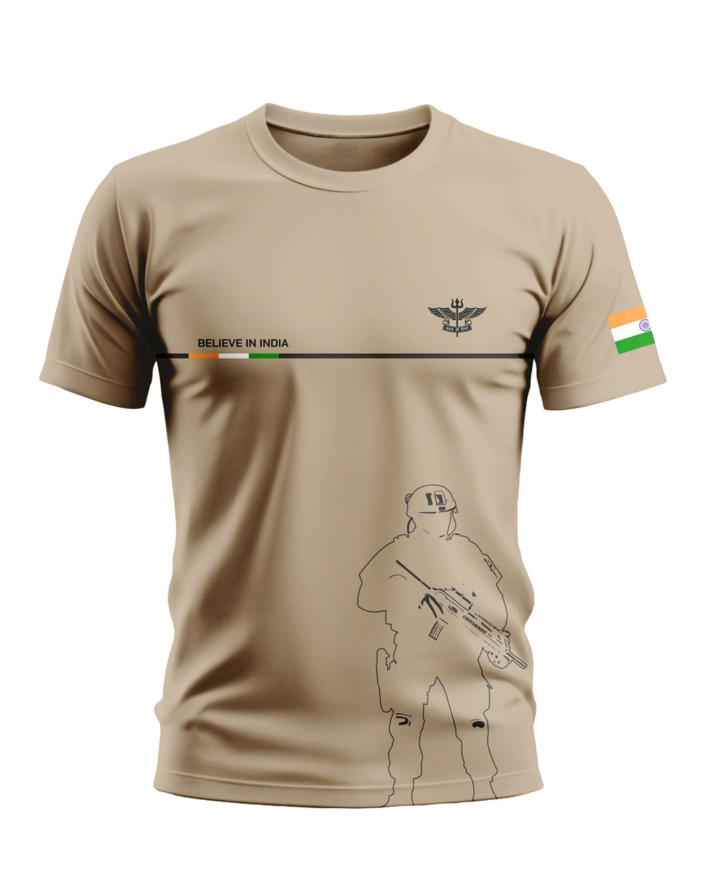 Beige men's t-shirt with army soldier outline, Indian flag sleeve patch, and 'Believe in India' text