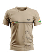 Beige men's t-shirt with army soldier outline, Indian flag sleeve patch, and 'Believe in India' text