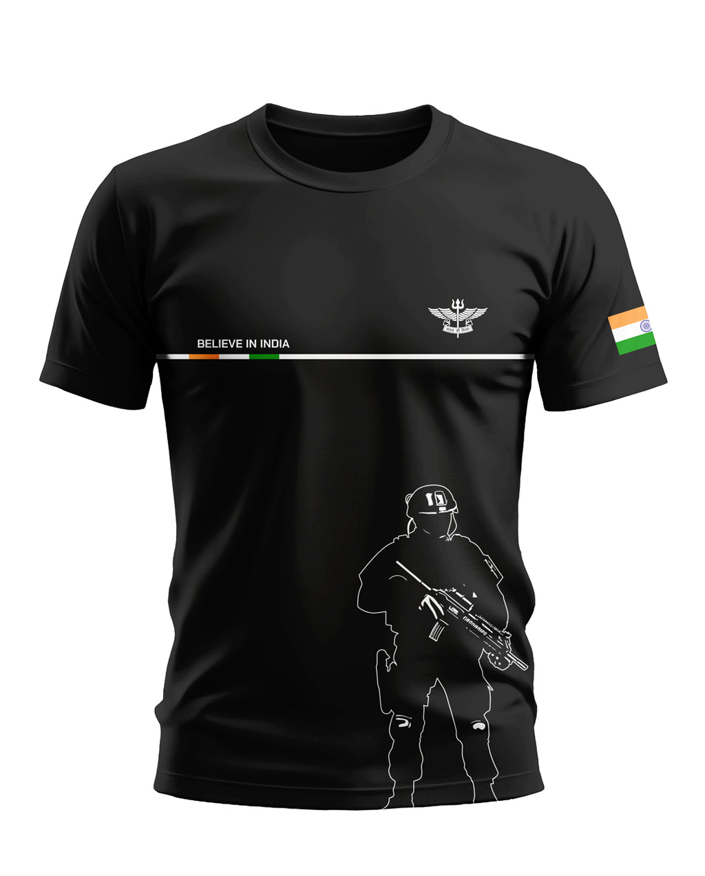 Black men's t-shirt with Indian flag, 'Believe in India' text, and army soldier graphic print