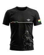 Black men's t-shirt with Indian flag, 'Believe in India' text, and army soldier graphic print
