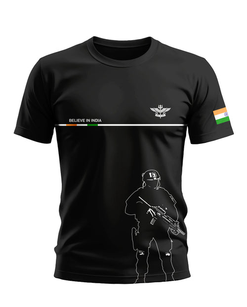 Black men's t-shirt with Indian flag, 'Believe in India' text, and army soldier graphic print