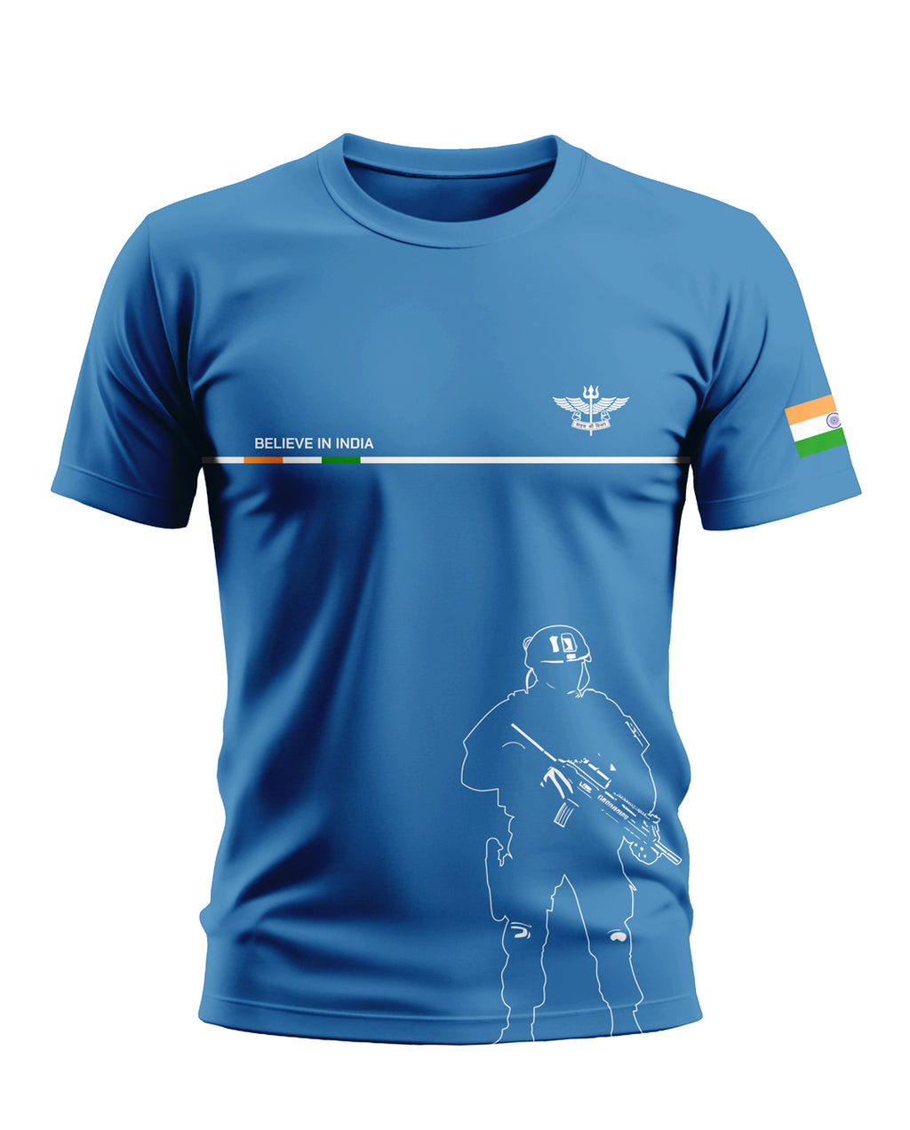 Blue men's t-shirt with soldier outline, 'Believe in India' text, and Indian flag sleeve design