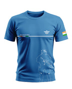 Blue men's t-shirt with soldier outline, 'Believe in India' text, and Indian flag sleeve design