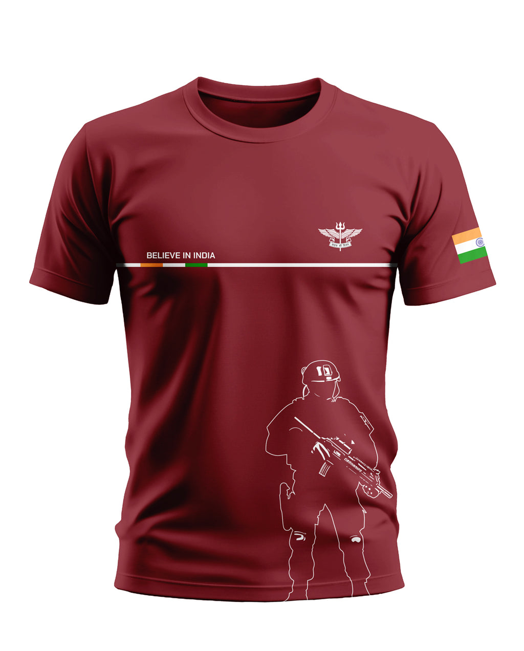 Maroon men's t-shirt with Indian flag, army graphic, 'Believe in India' text, and emblem.