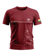 Maroon men's t-shirt with Indian flag, army graphic, 'Believe in India' text, and emblem.