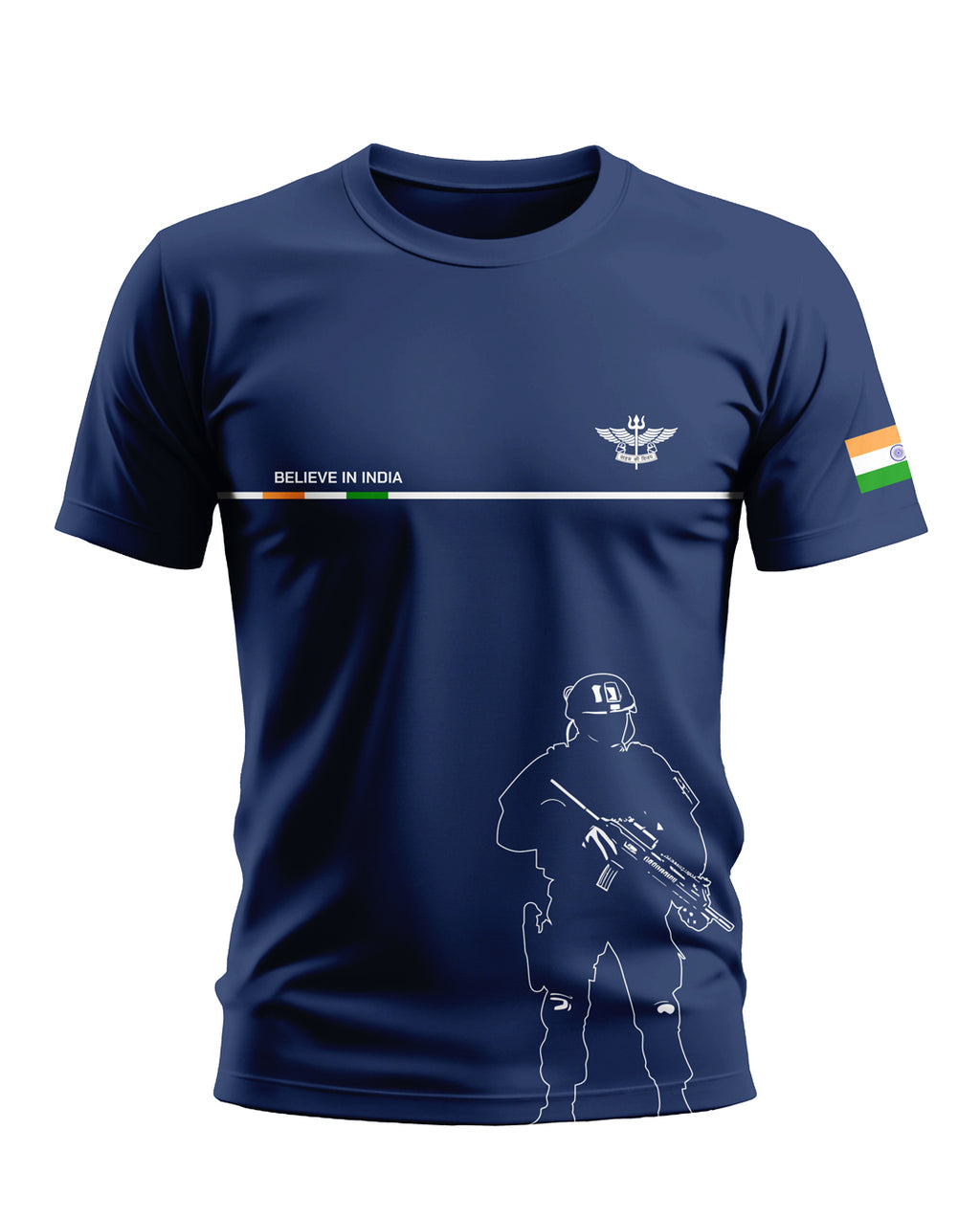 Navy blue men's t-shirt with soldier graphic, Indian flag sleeve, and 'Believe in India' text