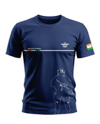 Navy blue men's t-shirt with soldier graphic, Indian flag sleeve, and 'Believe in India' text