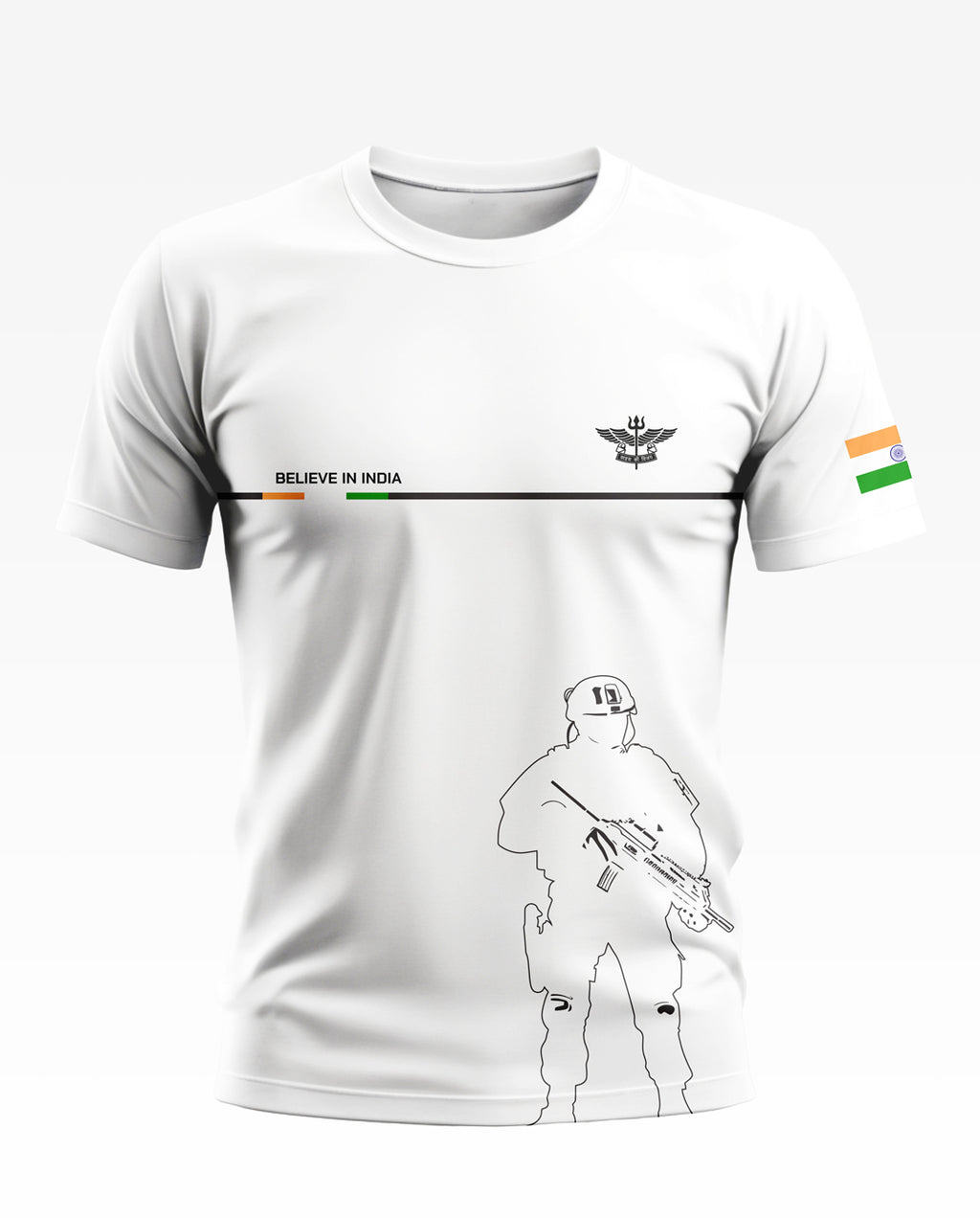 White men's t-shirt with black soldier outline, Indian flag on sleeve, 'Believe in India' text