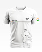 White men's t-shirt with black soldier outline, Indian flag on sleeve, 'Believe in India' text