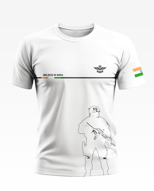 White men's t-shirt with black soldier outline, Indian flag on sleeve, 'Believe in India' text