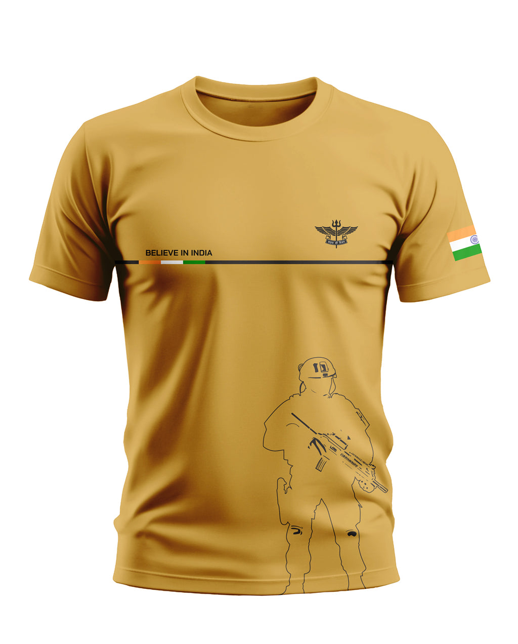 Yellow men's t-shirt featuring 'Believe in India' text, Indian flag on sleeve, army graphic on front.