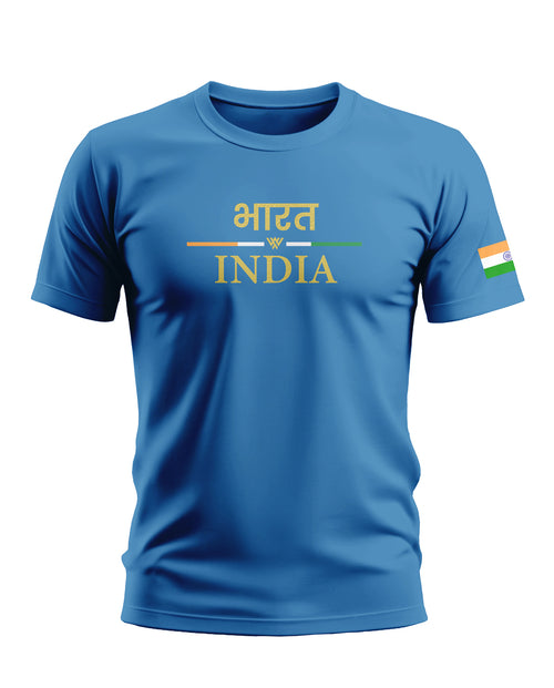 Blue men's t-shirt with 'Bharat INDIA' gold text and Indian flag on sleeve, crew neck style