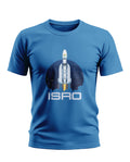 Blue men's T-shirt with rocket and ISRO space-themed graphic print