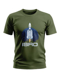 Olive green men's t-shirt with rocket and ISRO print, space-themed graphic cotton tee