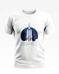 White men's t-shirt with ISRO rocket graphic and space theme, casual fashion style