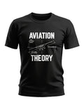 Black men's t-shirt with white 'Aviation Theory' graphic and airplane diagram print.