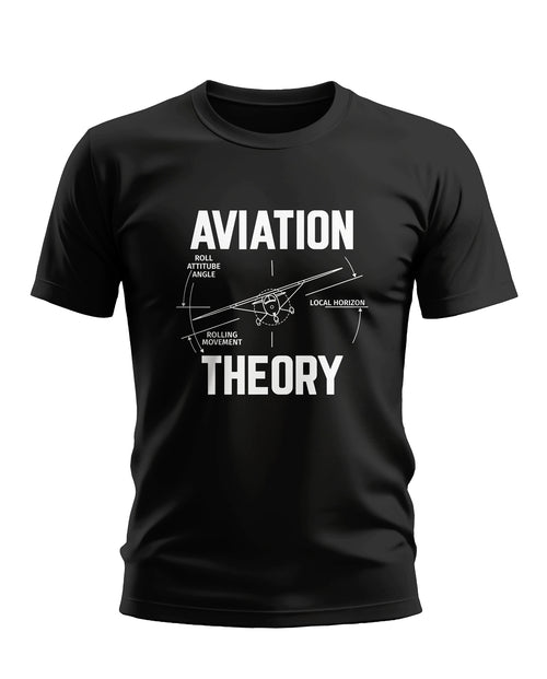 Black men's t-shirt with white 'Aviation Theory' graphic and airplane diagram print.