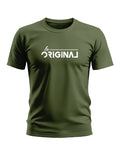 Olive green men's t-shirt with 'be ORIGINAL' white graphic text on chest, short sleeves