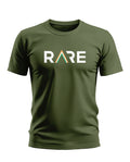 Olive green men's t-shirt with 'RARE' text and colorful chevron graphic on chest