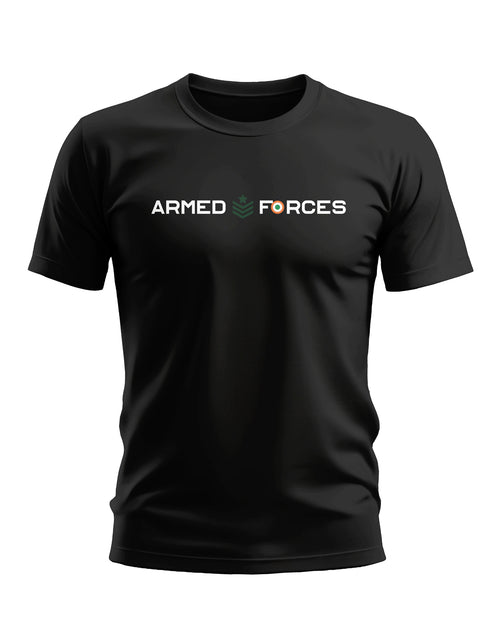 Black men's t-shirt with 'Armed Forces' text and Indian flag graphic on chest
