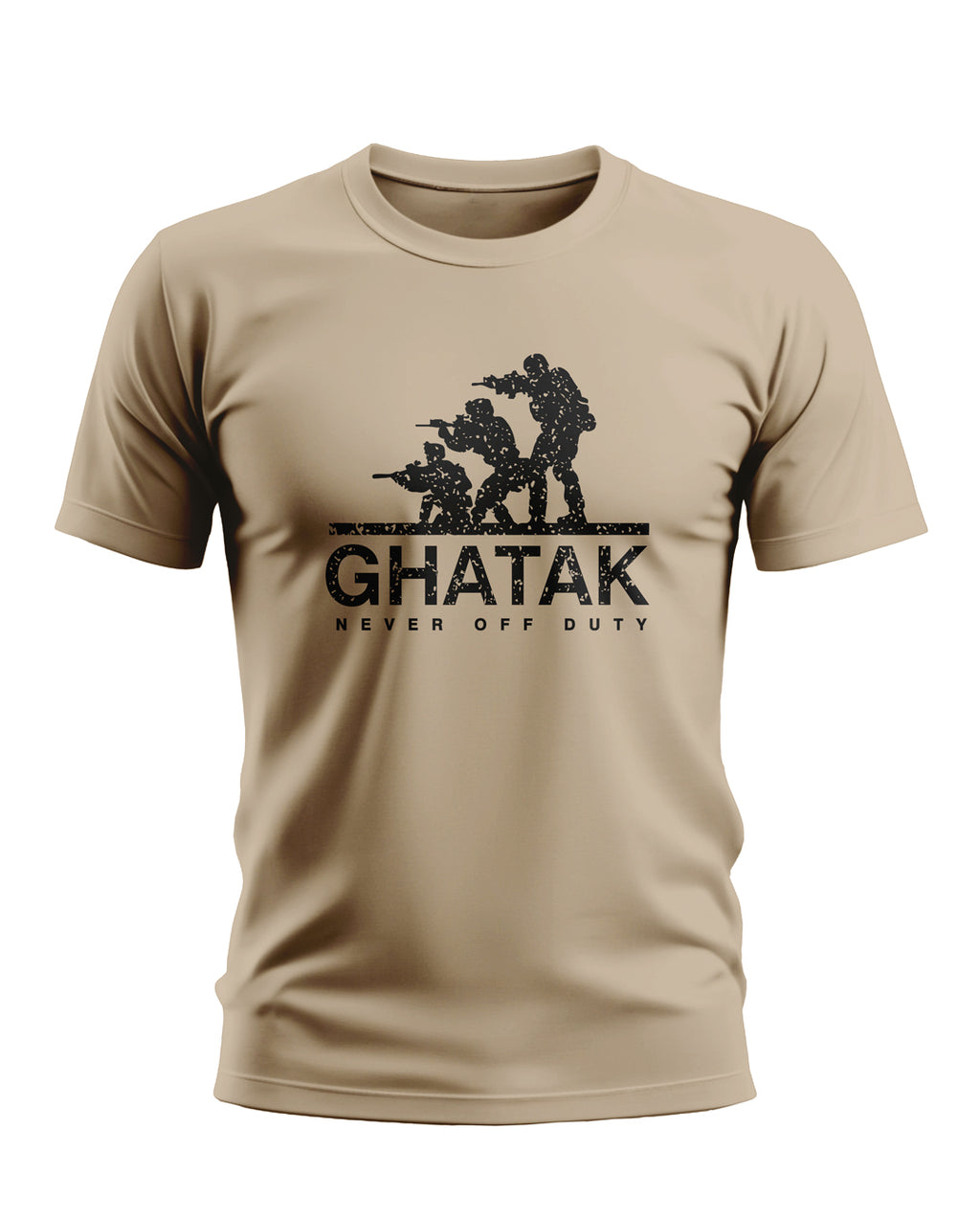 Beige men's t-shirt with black Ghatak army graphic and 'Never Off Duty' slogan printed on front.