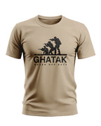 Beige men's t-shirt with black Ghatak army graphic and 'Never Off Duty' slogan printed on front.