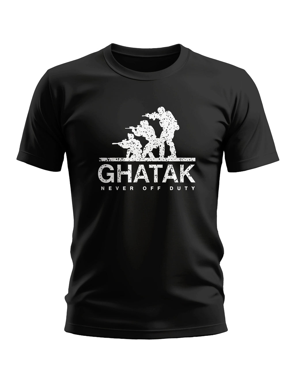 Black men's t-shirt with white army commandos graphic and 'GHATAK Never Off Duty' text
