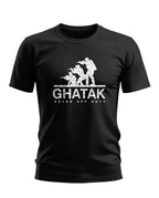 Black men's t-shirt with white army commandos graphic and 'GHATAK Never Off Duty' text