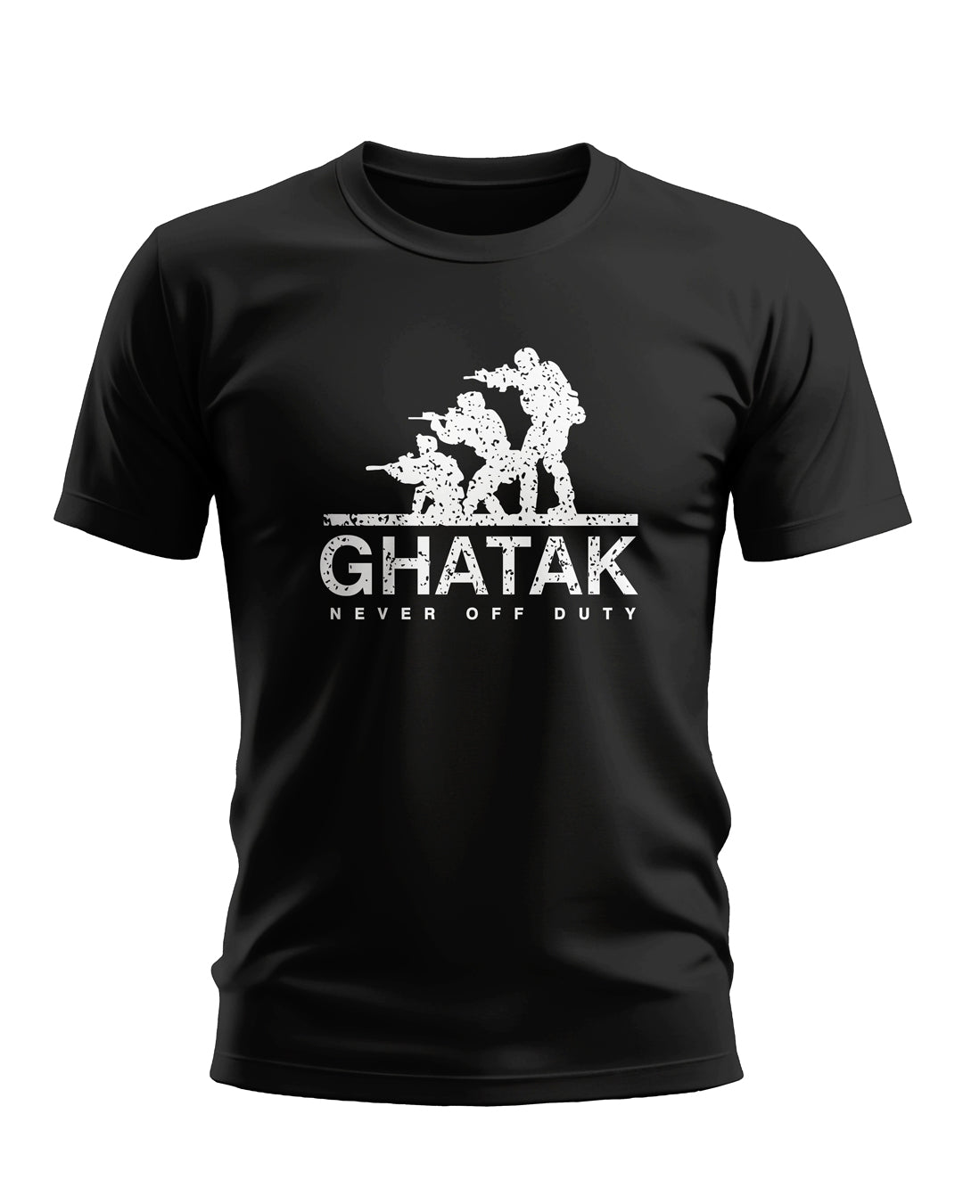 Black men's t-shirt with white army commandos graphic and 'GHATAK Never Off Duty' text
