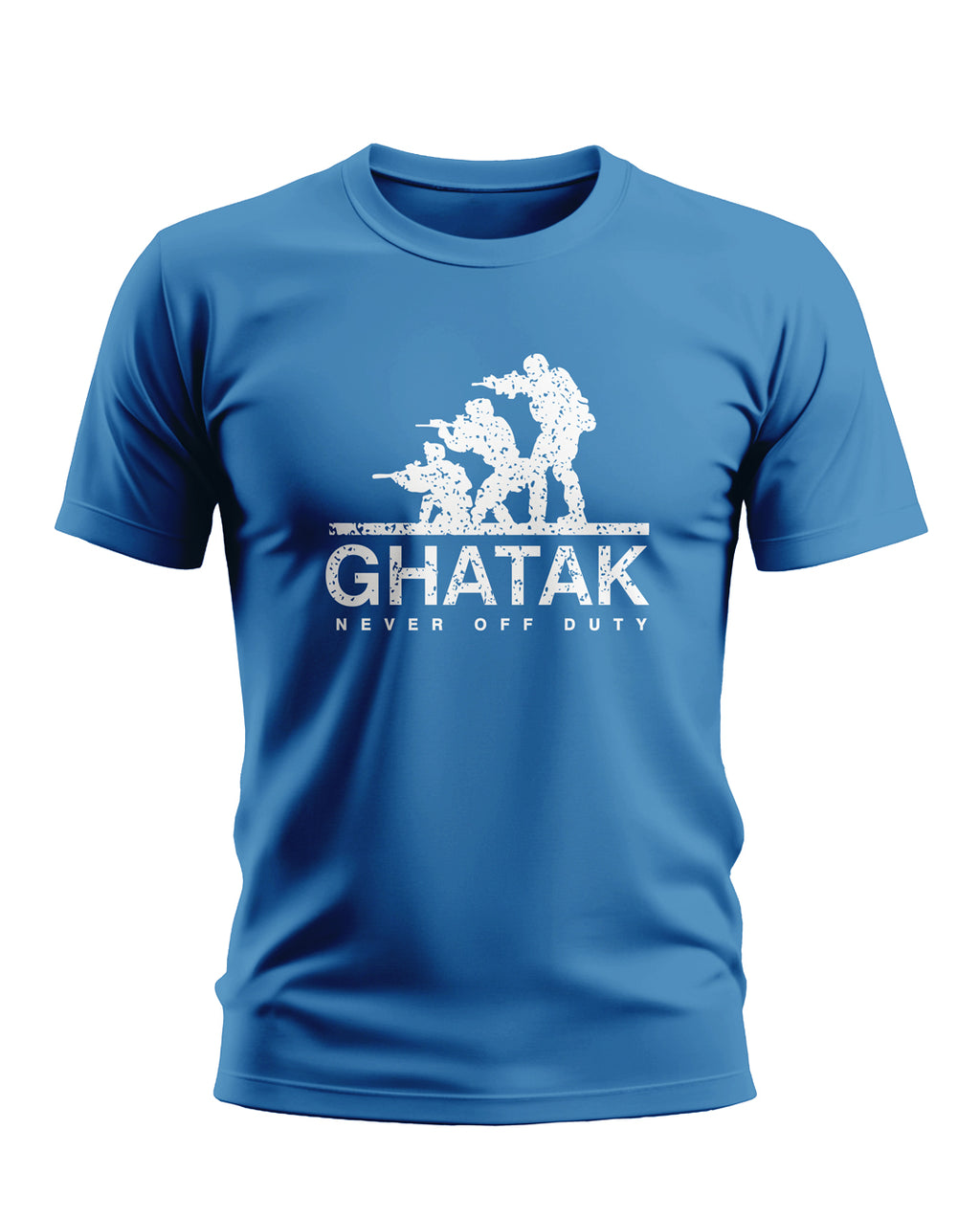 Blue men's t-shirt with white 'GHATAK Never Off Duty' text and army soldier graphic print