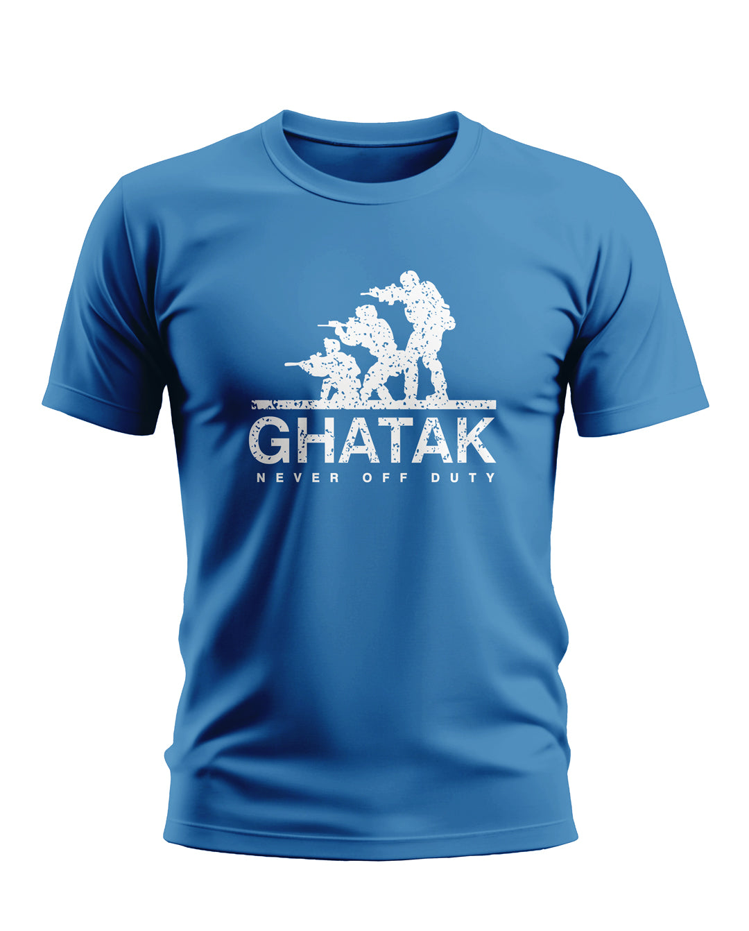Blue men's t-shirt with white 'GHATAK Never Off Duty' text and army soldier graphic print