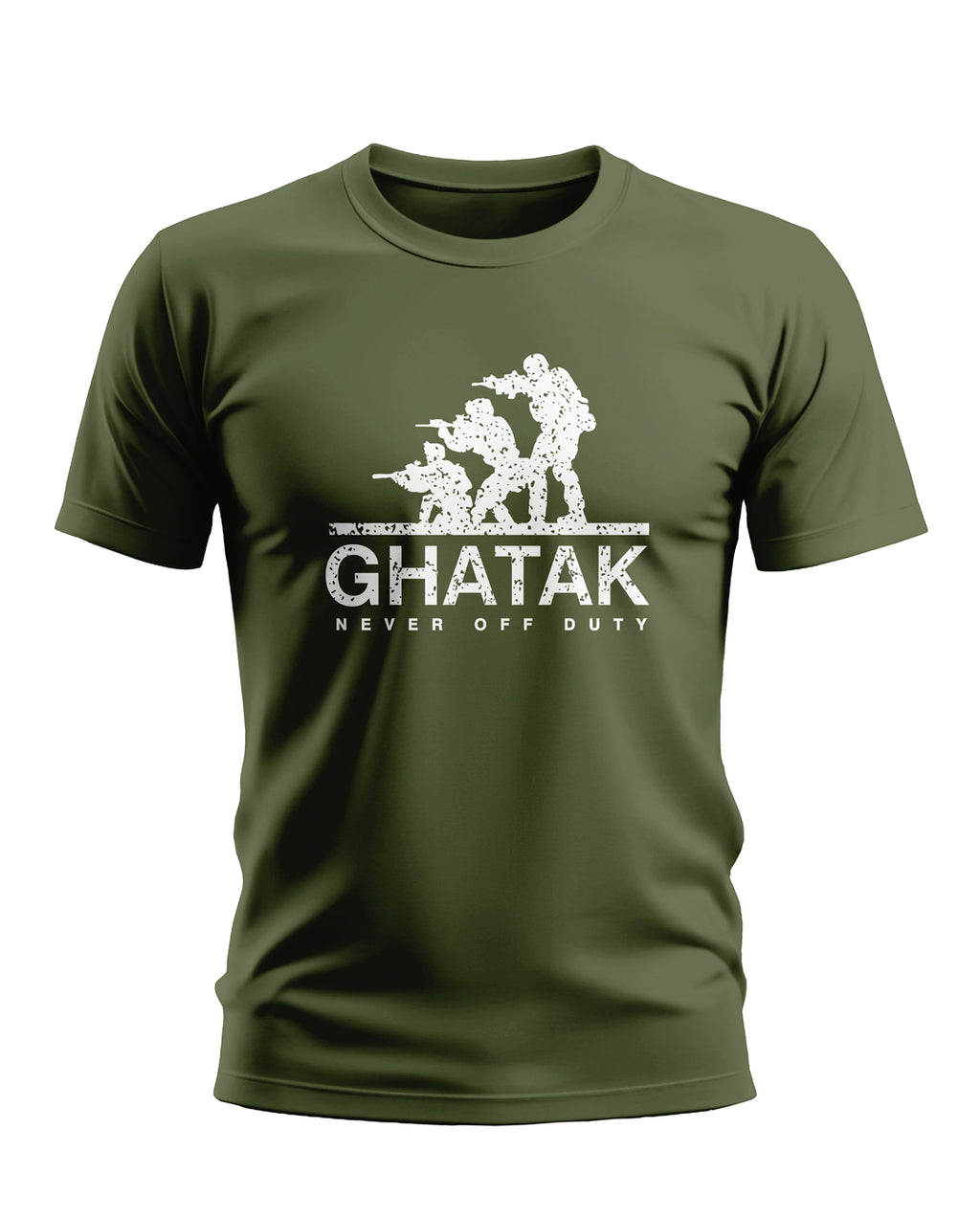 Olive green men's t-shirt with white silhouette soldiers and 'GHATAK Never Off Duty' text print