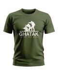 Olive green men's t-shirt with white silhouette soldiers and 'GHATAK Never Off Duty' text print