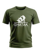 Olive green men's t-shirt with white silhouette soldiers and 'GHATAK Never Off Duty' text print