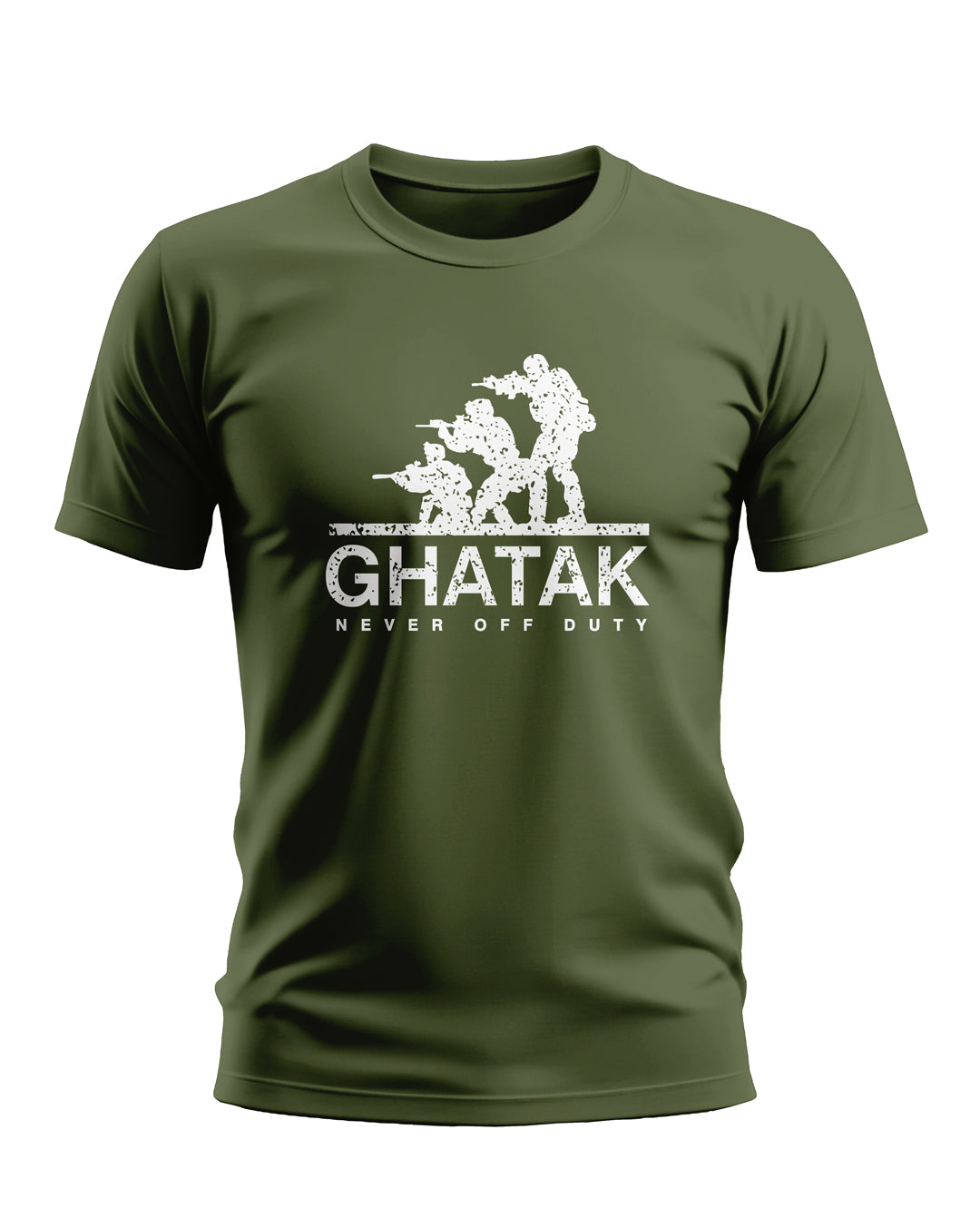 Olive green men's t-shirt with white silhouette soldiers and 'GHATAK Never Off Duty' text print