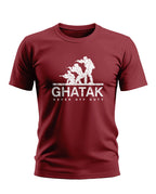 Maroon men's t-shirt with 'GHATAK NEVER OFF DUTY' and white army soldier graphic print