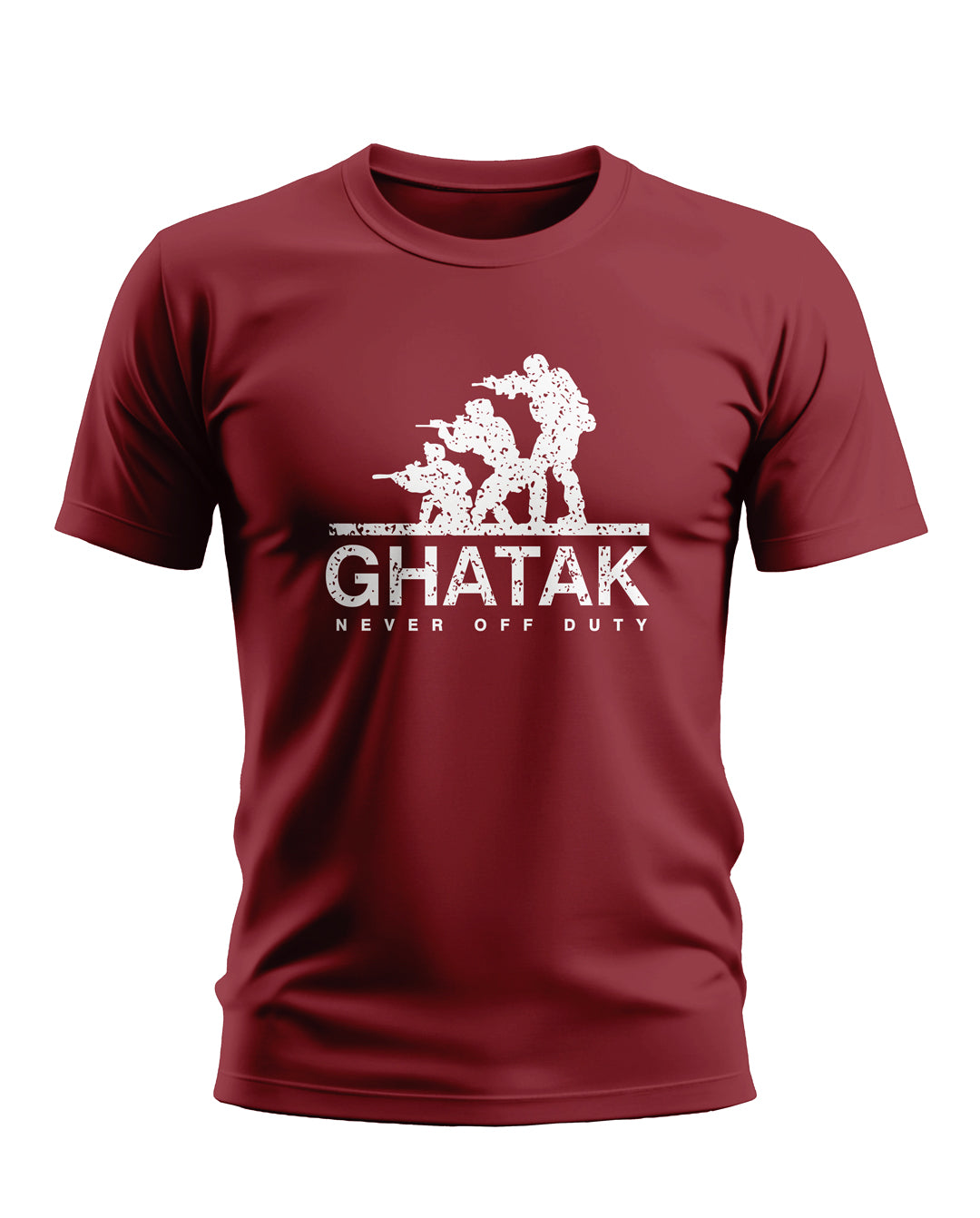 Maroon men's t-shirt with 'GHATAK NEVER OFF DUTY' and white army soldier graphic print