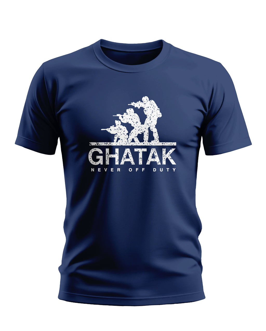 Navy blue men's t-shirt featuring white army commando graphic and GHATAK Never Off Duty text