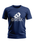 Navy blue men's t-shirt featuring white army commando graphic and GHATAK Never Off Duty text